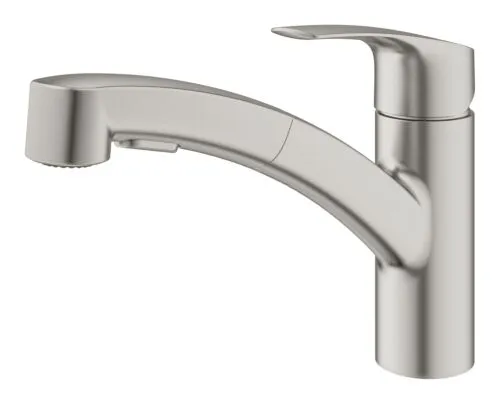 Grohe Eurosmart uittrekbare keukenmengkraan lage uitloop dual spray supersteel